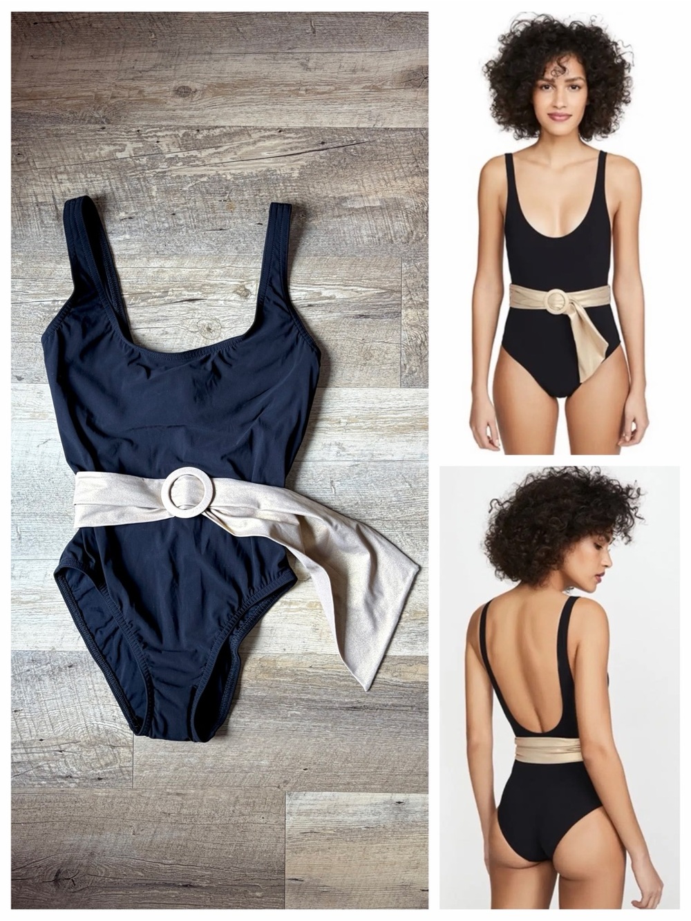 Karla Colletto Black One Piece with Gold Sparkle Belt Resortwear Sleek Effortles